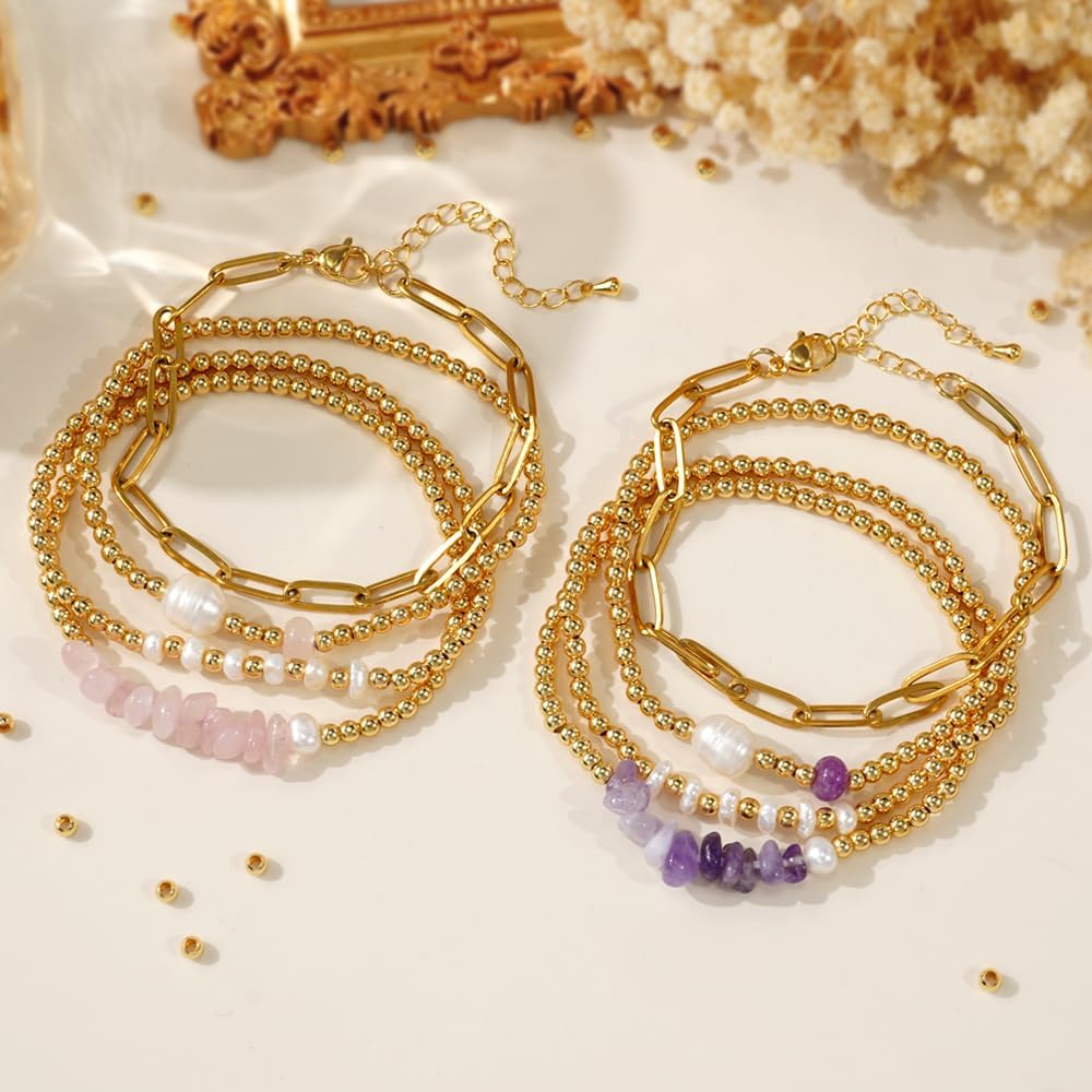 Gold Beaded Bracelets for Women Handmade Pearl Colorful Crystal Paperclip Link Chain Bracelet Stack Stretch Elastic Boho 14K Gold Plated Beads Stackable Trendy Jewelry Friendship Gift - Image 5