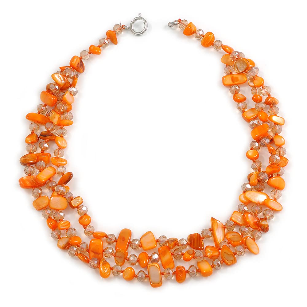 Avalaya 3 Row Orange Shell And Glass Bead Necklace - 56cm L