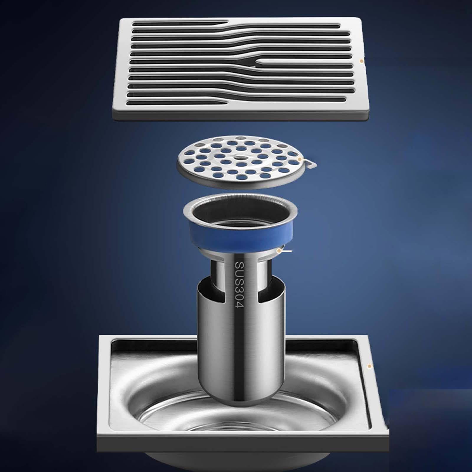 Bonde Douche Acier Inoxydable Siphon Douche Carré Bonde de Douche Amovible Bonde Douche Extra Plate Couleur Brossée Siphon de Sol 100 * 100mm Convient pour Balcon, Salle de Bain, Cuisine