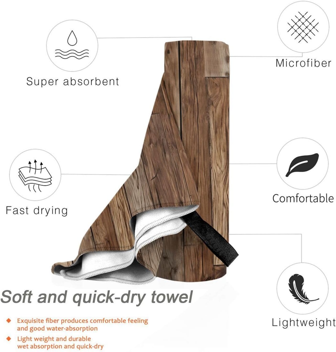 Brown Wood Print Quick Dry Towel with Hanging Loop and Storage Bag for Travel, Gym, Camping
