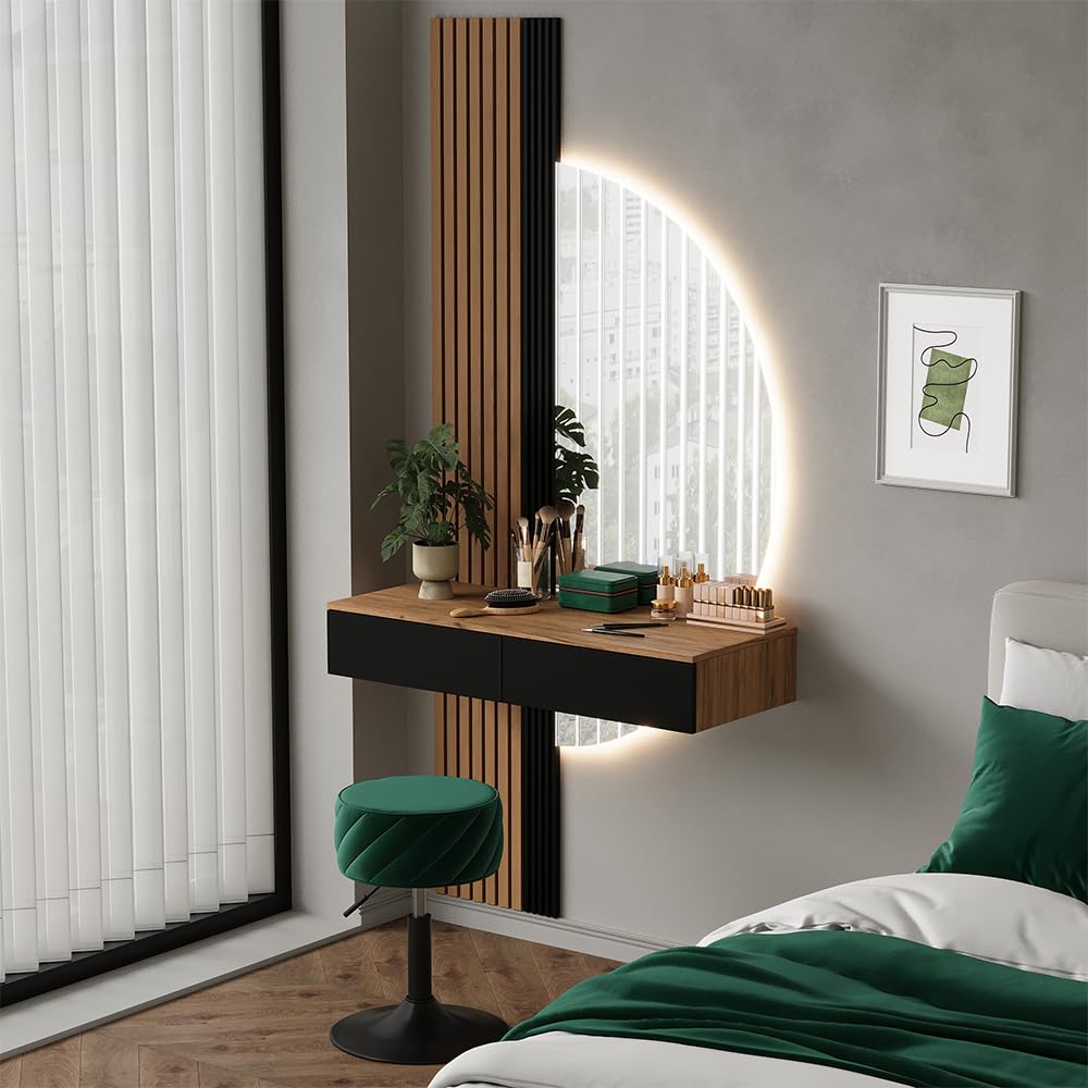 Vicco Tavolo da toeletta Melina, Quercia/nero, 100 cm con specchio a LED, Perfetto per una routine di bellezza organizzata