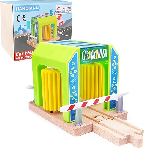 Estación de lavado de autos de madera con camión de tren, paquete de expansión compatible con juego de tren de ferrocarril, accesorio de tren de