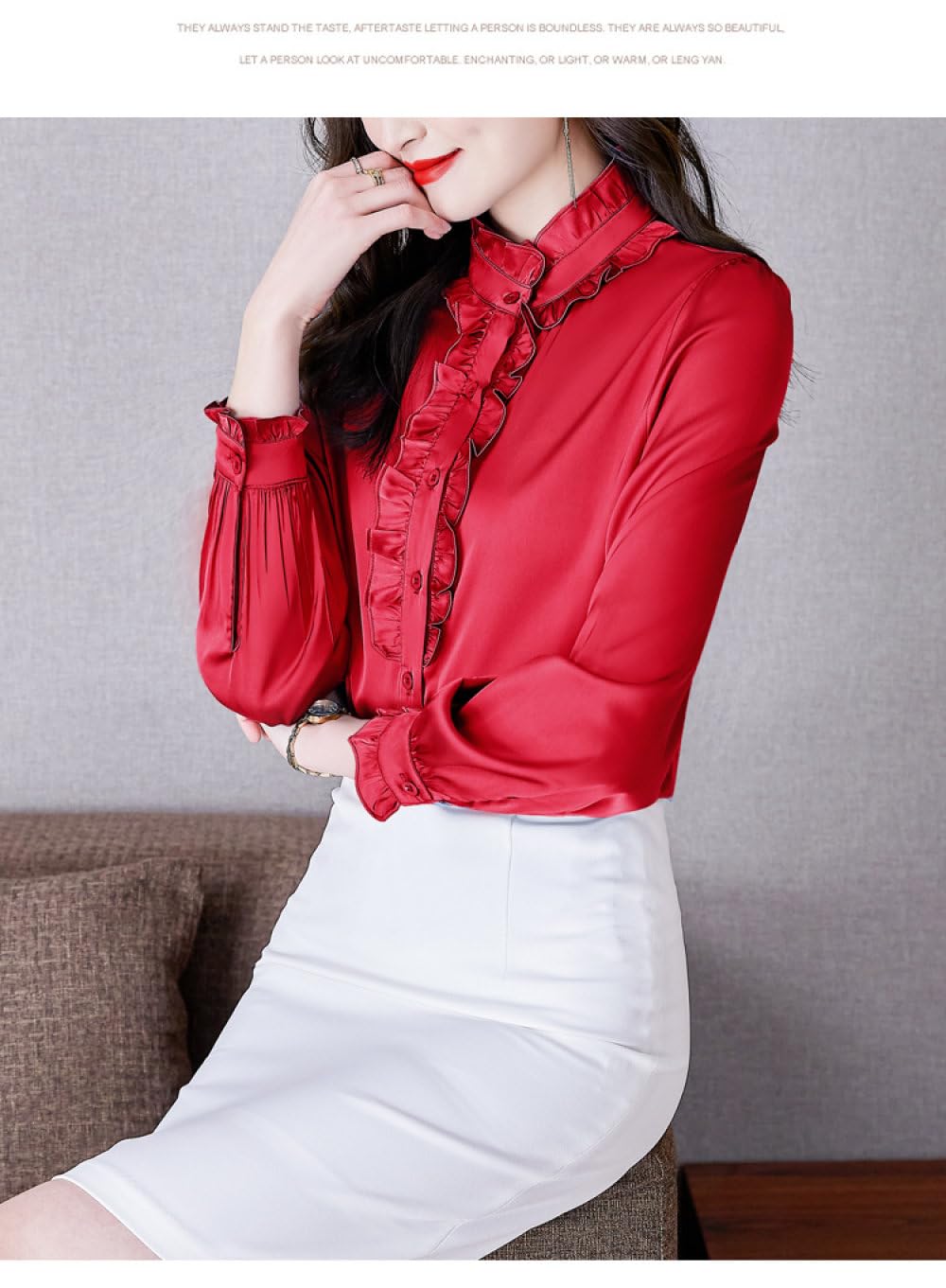 Chemises en Soie Satinée À Manches Longues pour Femmes,Veste Cardigan À Boutons À Volants Rouge,Chemisier,Haut Décontracté,Élégant,Chic,Hauts De Travail,Chemises Élégantes