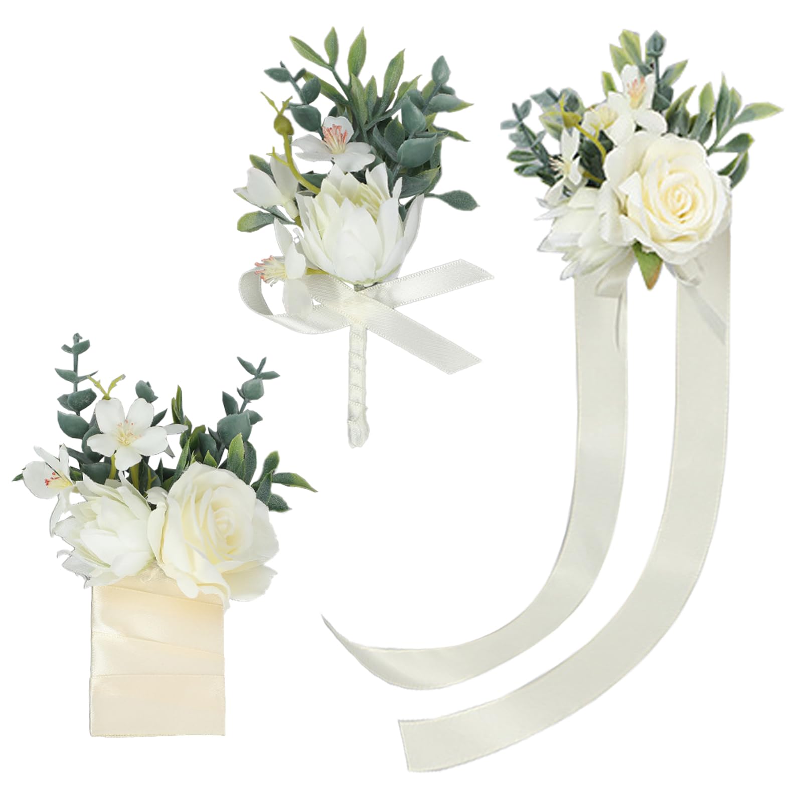 3 Ramilletes de Muñeca de Bolsillo Boutonniere, Ramillete de Bolsillo para Hombres, Conjunto para Accesorios de Flores de Boda, Trajes de Graduación (White)