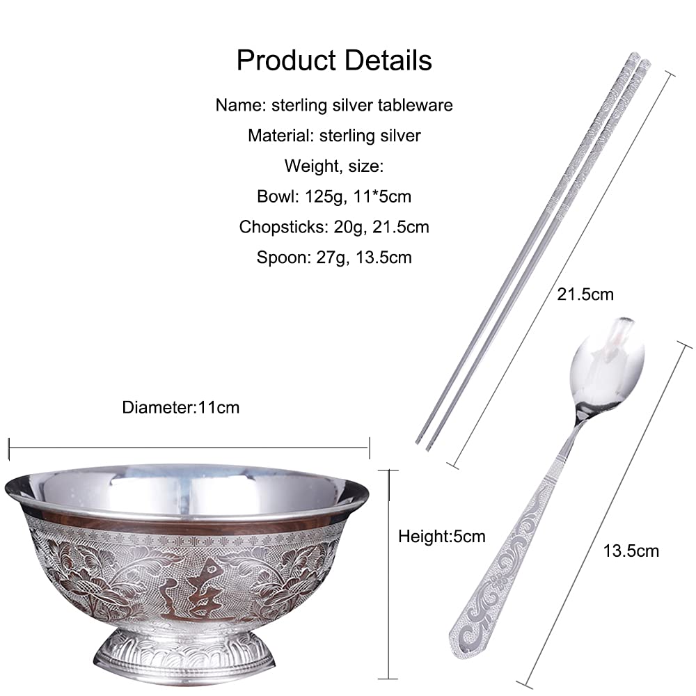 Bol à Grains en Argent Sterling, Bol à Dessert de Fruits de Salade, Bol à Riz de Nouilles, Bol à Soupe, Bol en Argent épais, Ensemble de Trois pièces,Option 2