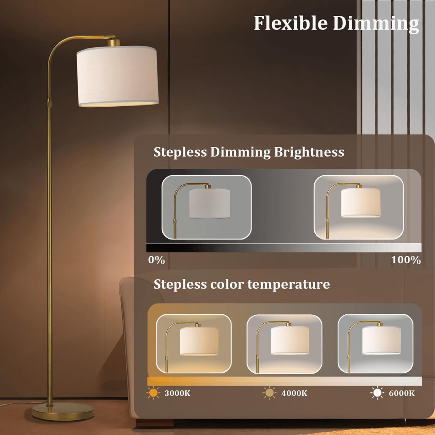 Gold Floor Lamp with Remote Control, Adjustable Height Dimmable Arc Floor Lamp for Living Room, Modern Gold Standing Lamp Dimmable for Bedroom, Office, 1000 Lumens LED Smart Bulb Included, Gold-Remote
