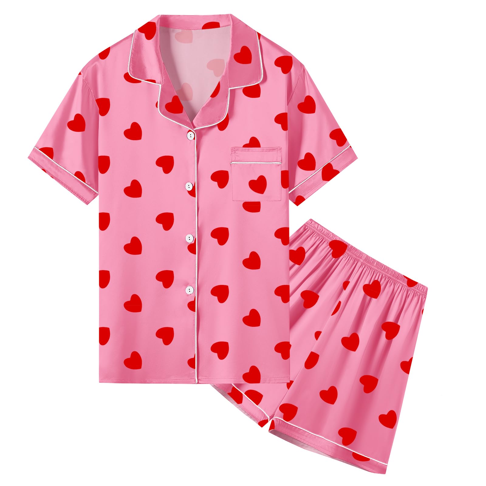 Umeyda Women & Girls Pajamas Set, Soft Satin Lightweight Silk Button-Down Top with Shorts 2 Piece PJS for Mom Boys Kids Gifts