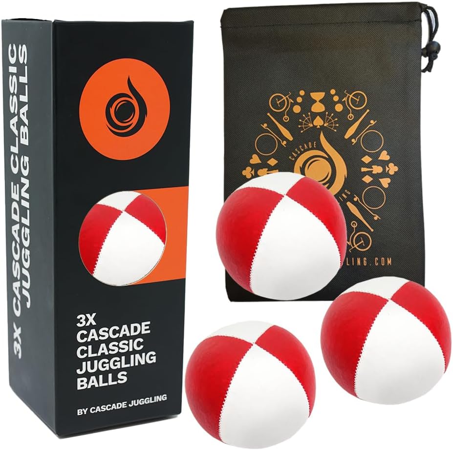 3 x Pro 115g Cascade Classic Black Theme Juggling Balls - Thud Juggling Balls & Bag - Set of 3 Juggling Balls - Red/White