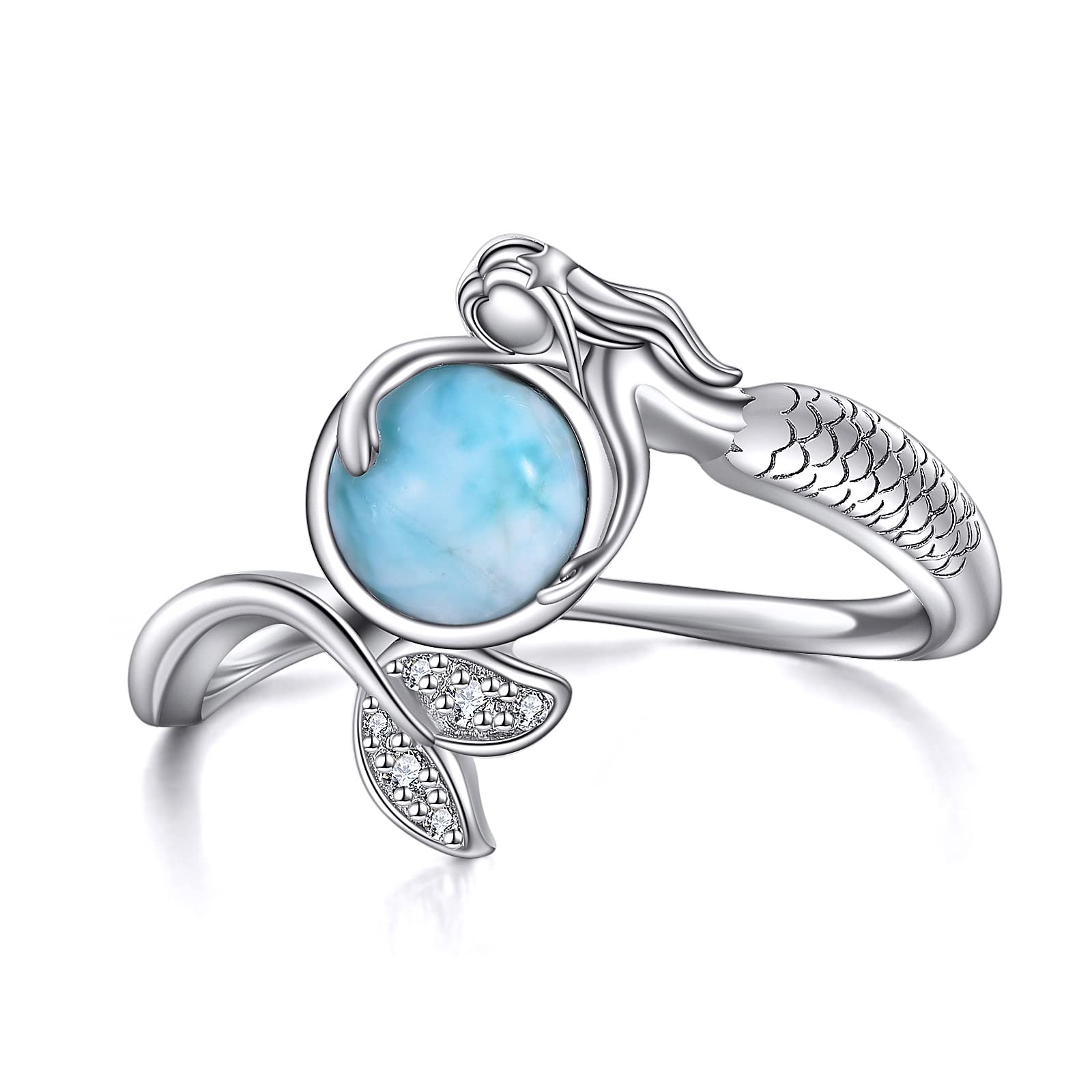 YFN Anillo de plata de ley con piedra lunar de sirena/larimar para mujer, joyería de playa