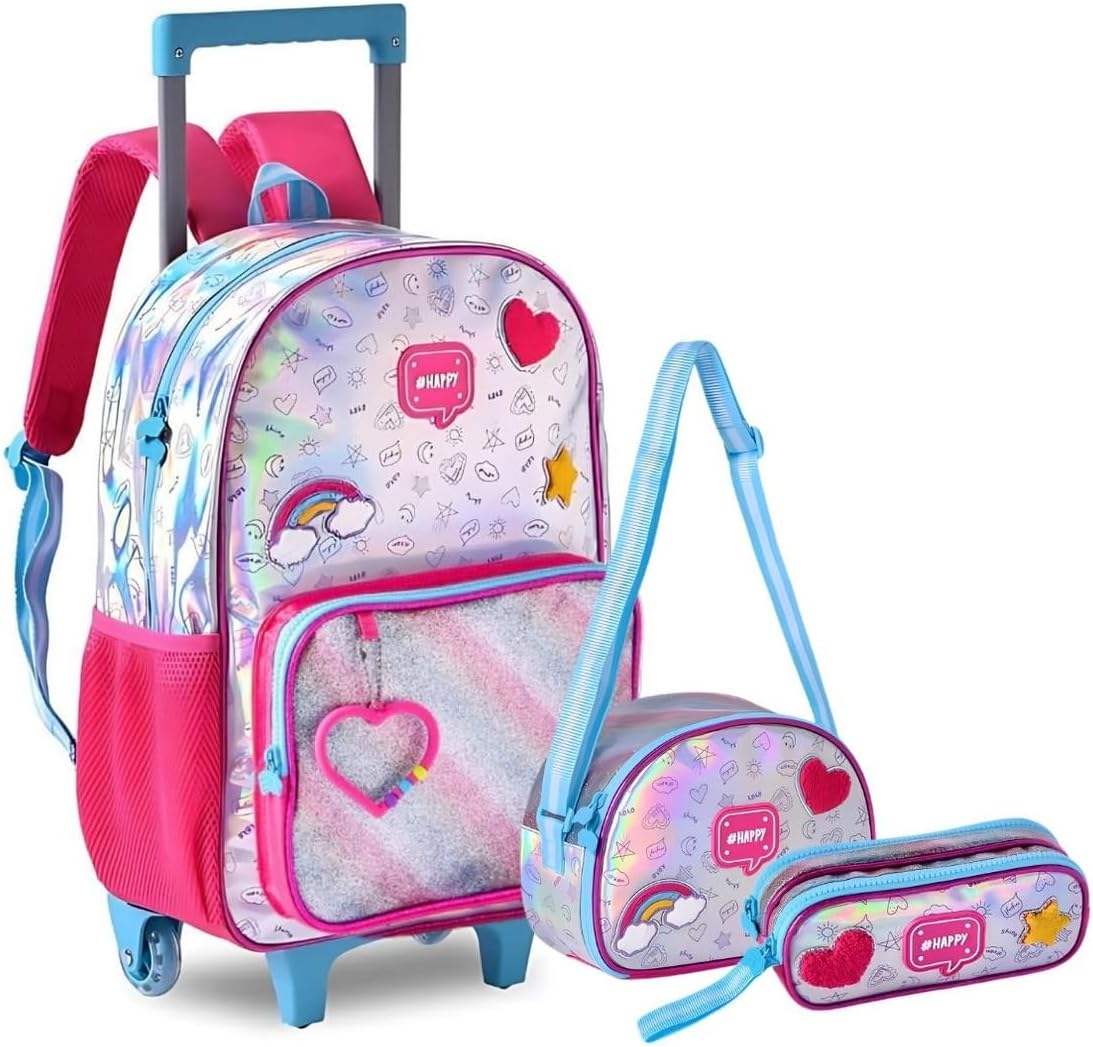 Mochila Infantil com Rodinha, Clio, Happy, G, Estojo e Lancheira