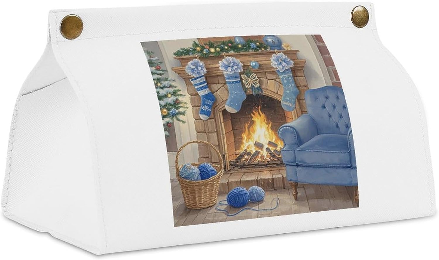 Decorative PU Tissue Paper Holder Blue Christmas Printed Tissue Box Cover Napkin Tissues Organizer Home Decor for Bathroom Night Stands Desk Car Dining Table