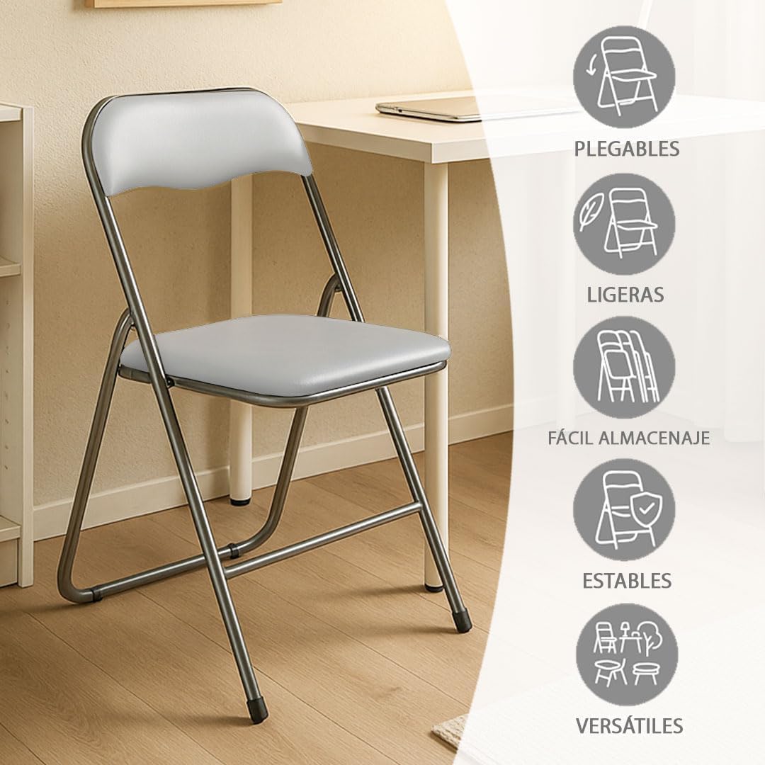 Nordiq - Pack de 6 Sillas Plegables y Acolchadas de Comedor, Cocina, Camping | Cómodas para Interior | 44x45x78 cm | Set Resistente (Metal Negro)