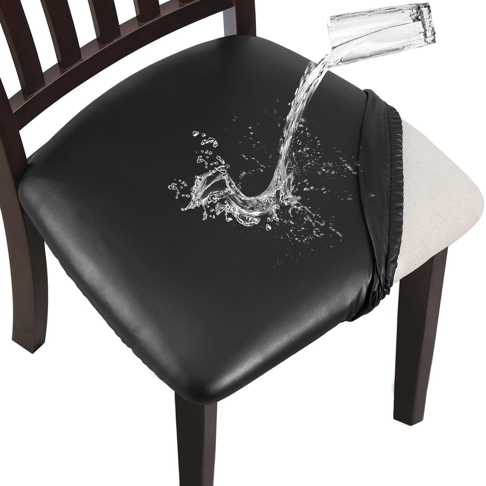 YISUN Dining Chair Covers Set of 4, PU Leather Waterproof Black Chair Covers, Washable Removable with Fixing Buckle Chairs Seat Protectors Cover for Kitchen Dining Room