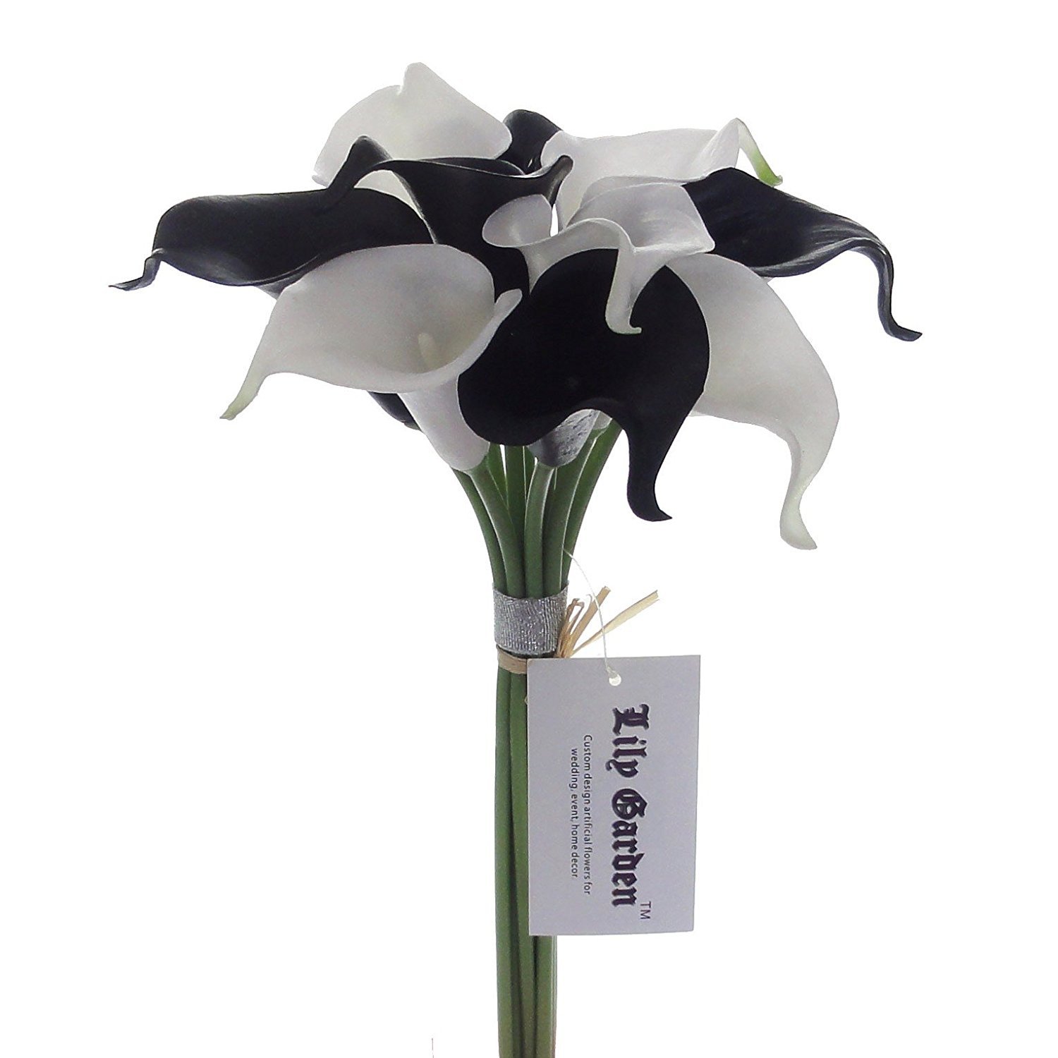 Mini 15" Artificial Calla Lily 10 Stem Flower Bouquets (White and Black)