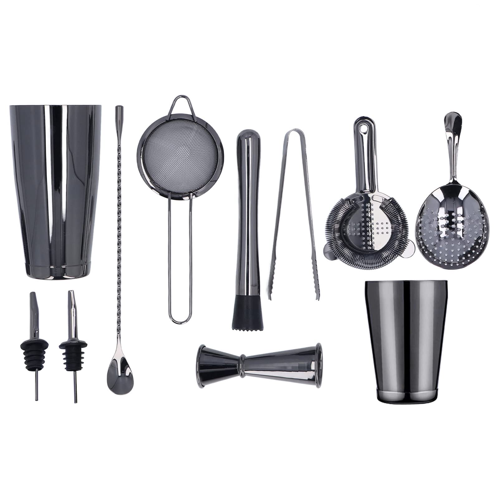 Wisecoco Juego De Coctelera De 11 Piezas, Juego De Coctelera De Acero Inoxidable con Colador De Cuchara De Mezcla Muddler Jigger Recubrimiento Negro para Bartender Bars Party