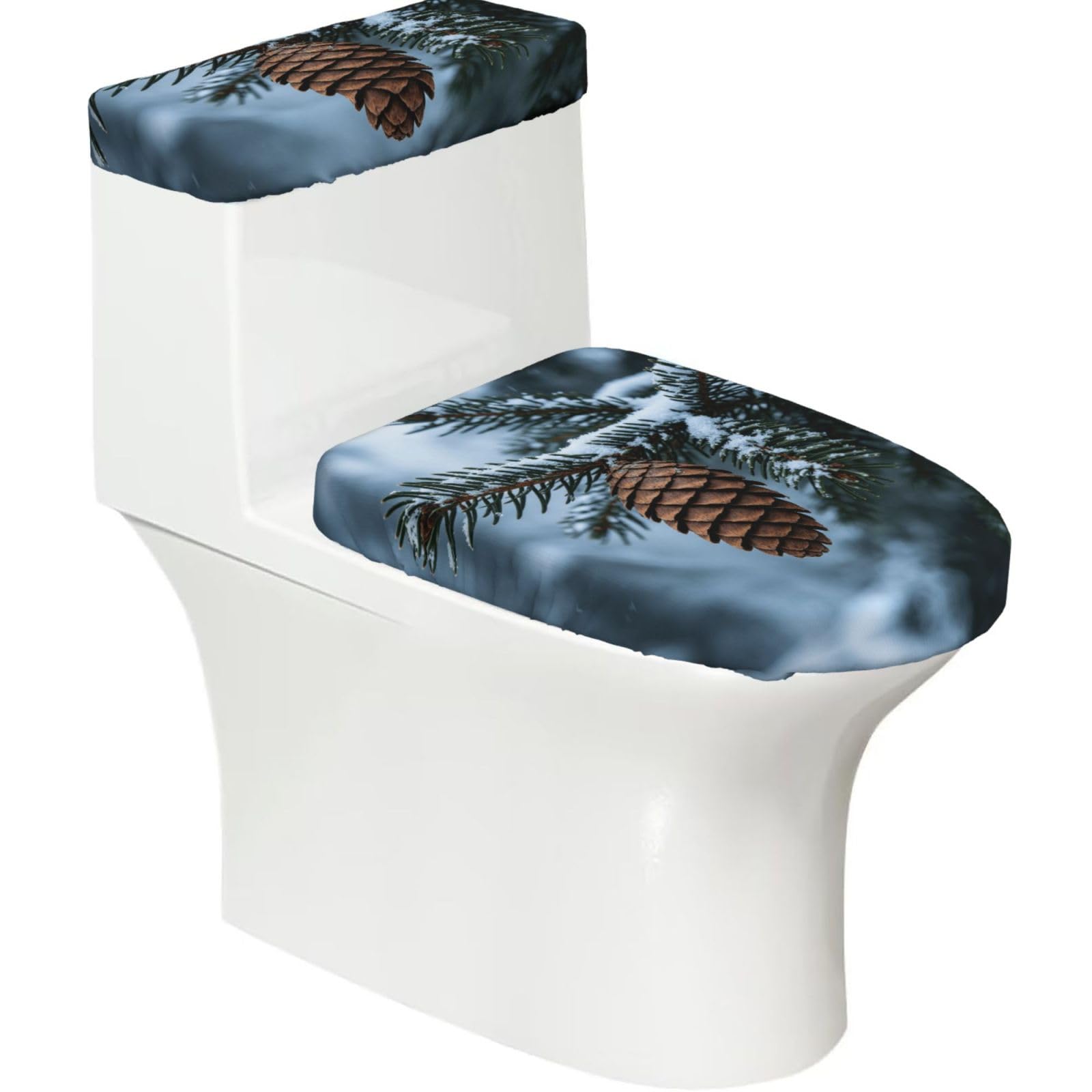 Green Pine Branch Elastic Toilet Cover Set of 2-Stretchy Lid and Tank Covers for Bathroom, Soft Washable U Shape Toilet Decor