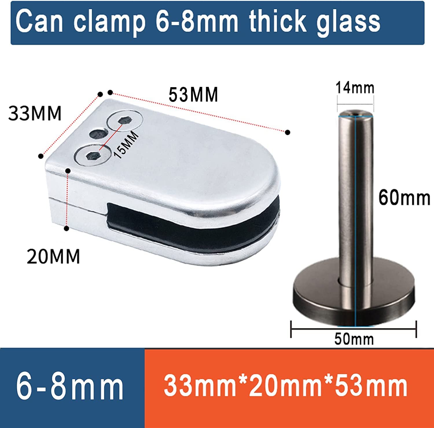 2 szt. Zacisk podłogowy ze stali nierdzewnej do szkła Regulowane zaciski w kształcie litery D Bezramowy zacisk Bardziej niezawodny(60mm High,6~8mm)