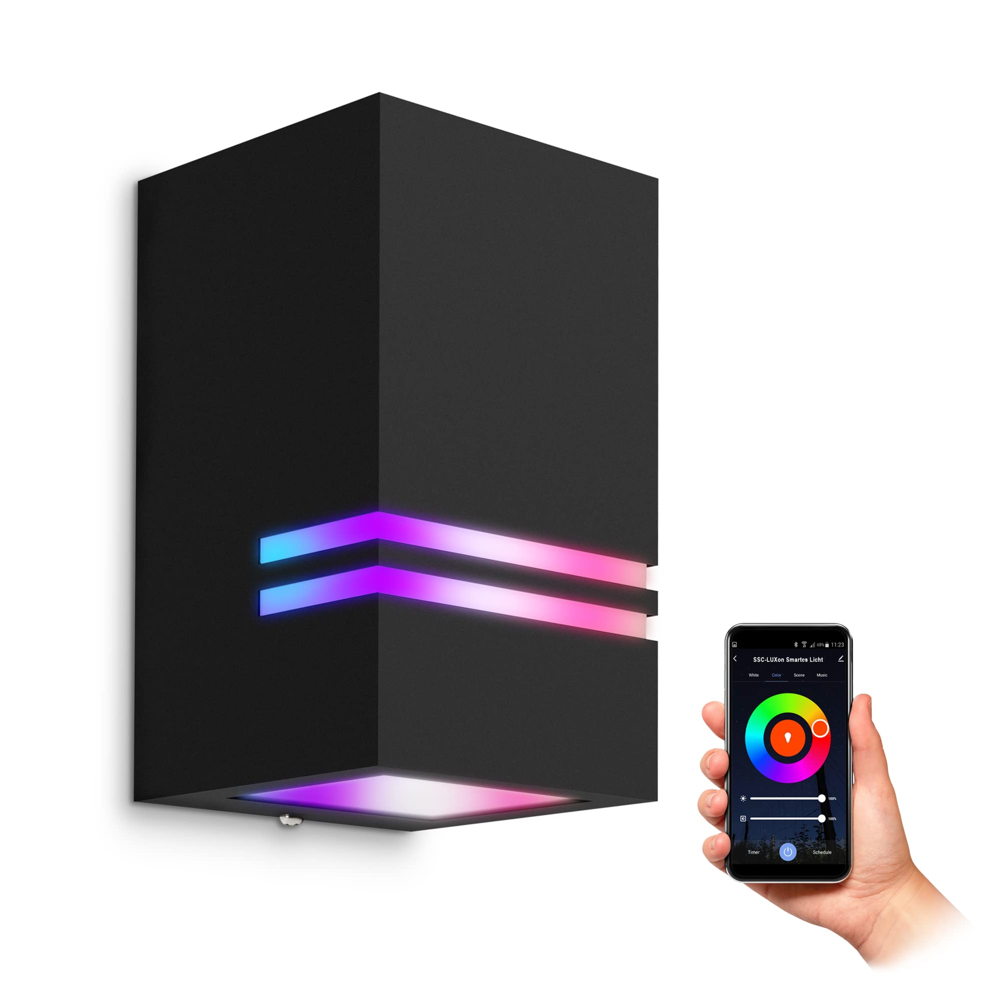 SSC-LUXon 2er Set JOVO-S Wandleuchte schwarz GU10 IP44 mit Smart WiFi RGB LED Birnen (steuerung per App & Sprache) - Außenwandleuchte 1-flammig
