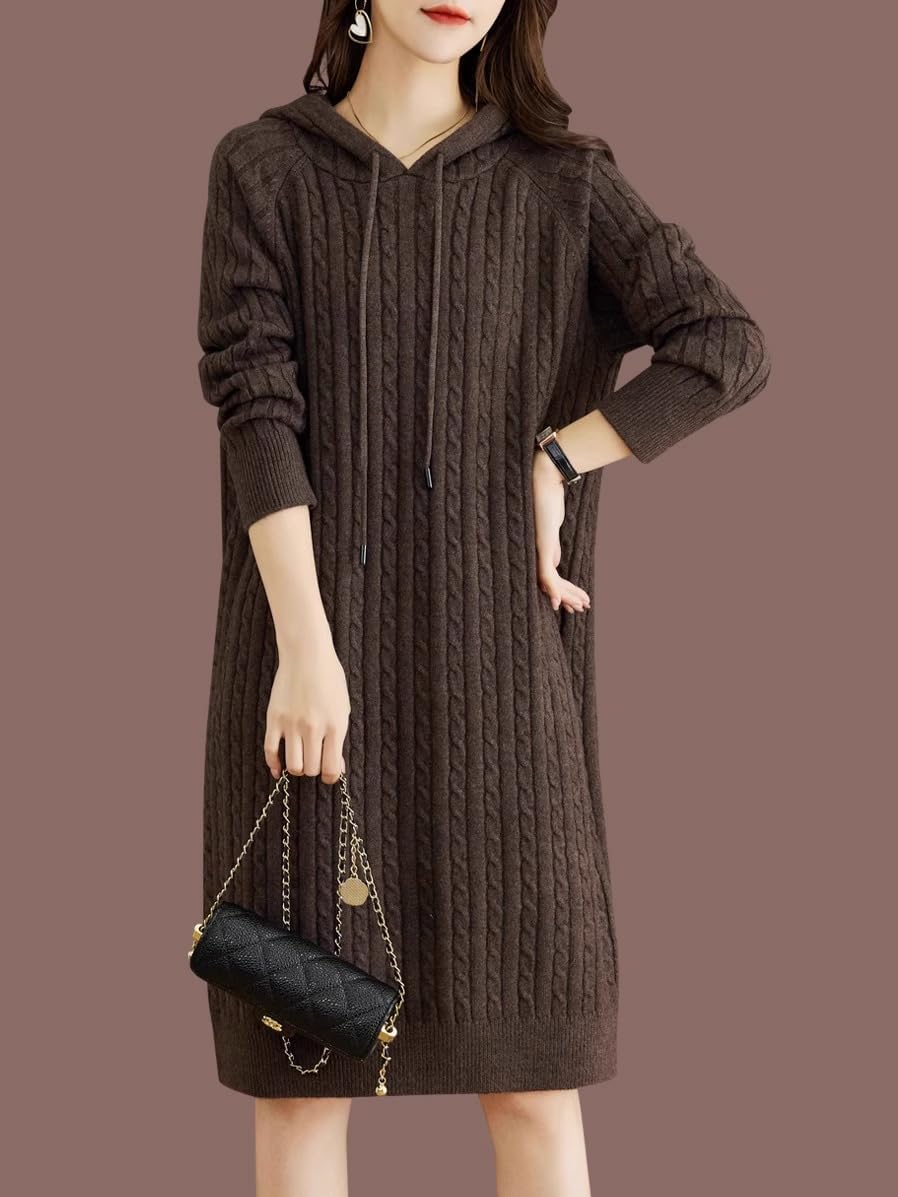 LIXINGHEITANG Women's Hooded Sweater Spring and Autumn mid-Length Wool Dress Winter Cashmere