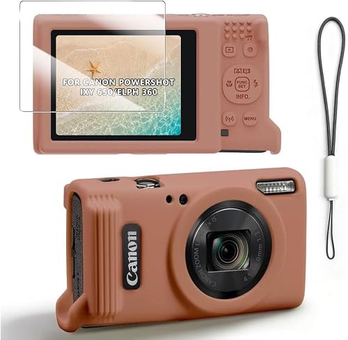 Silicone Case for Canon PowerShot ELPH 360/IXY 650 with Screen Protector and Lanyard,Soft Anti-Scratch Camera Cover,Slim Carrying Protective Camera Body Skin Sleeve - Brown