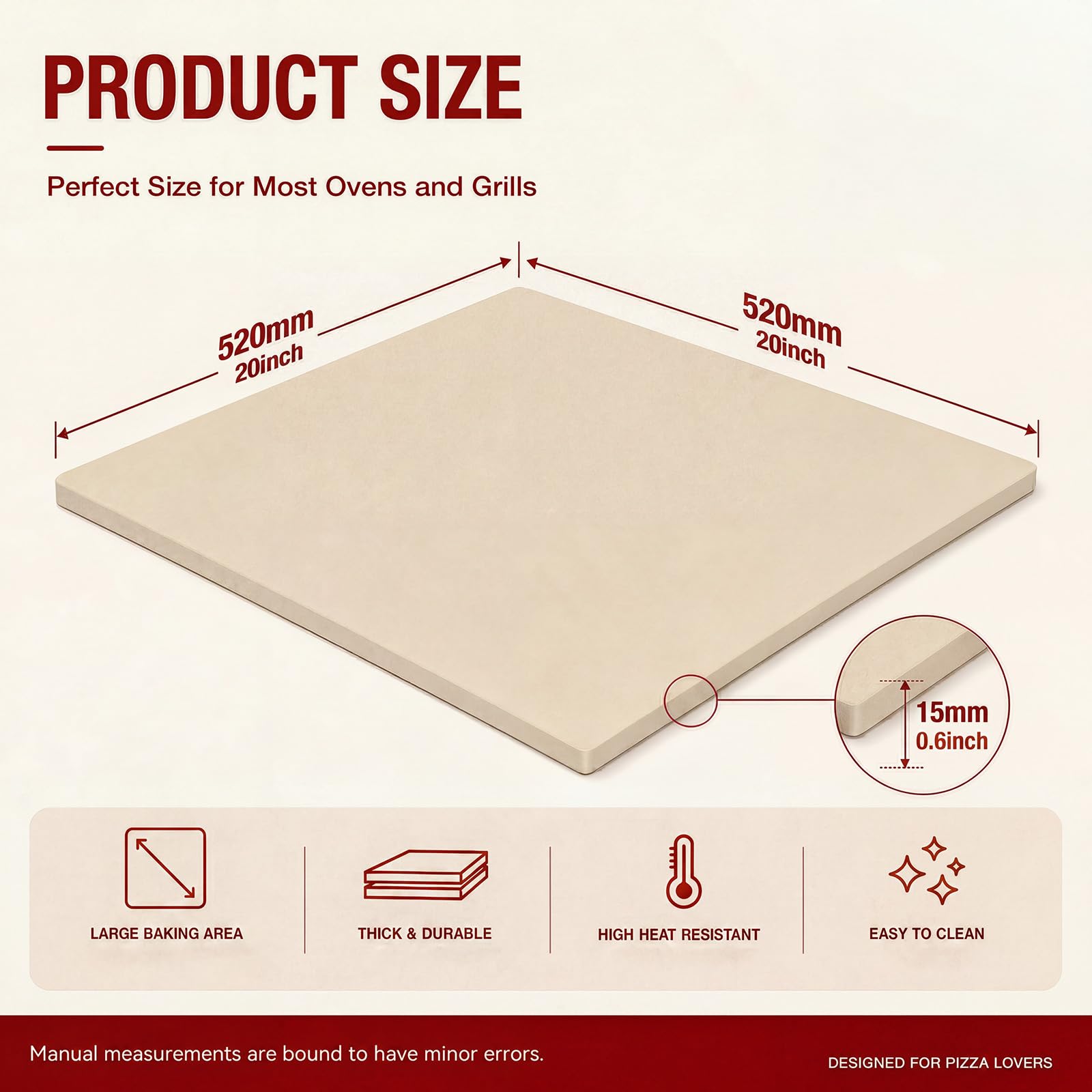 CROSSON Pietra per Pizza,Pietra Refrattaria per Pizza 50x50x1.2CM per Fare Pizze Con Crosta Croccante, Pane, Biscotti e Molto Altro