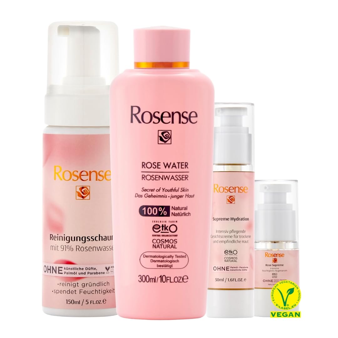 Rosense Zestaw do pielęgnacji skóry suchej/wrażliwej: pianka oczyszczająca 150 ml z pantenolem, woda różana/tonik do twarzy 300 ml, krem do twarzy z kwasem hialuronowym 50 ml, serum do oczu 15 ml –