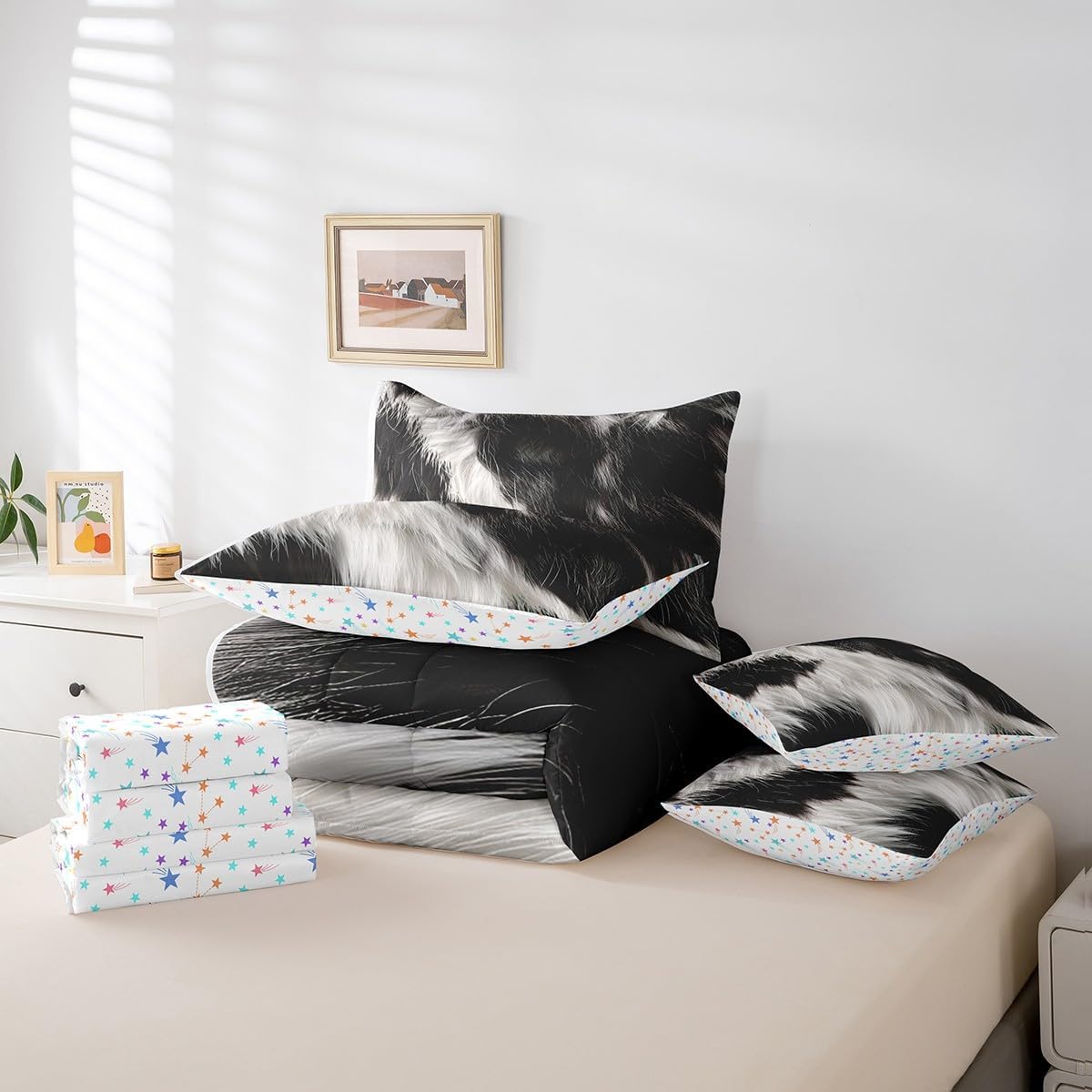 Feelyou Cowhide Pattern Comforter Set with Sheets Full Size 7 piece Cow Fur Printed Bedding Set Farmhouse Western Farm Animal Skin Bed in a Bag Brown White Bed Set, Black Beige