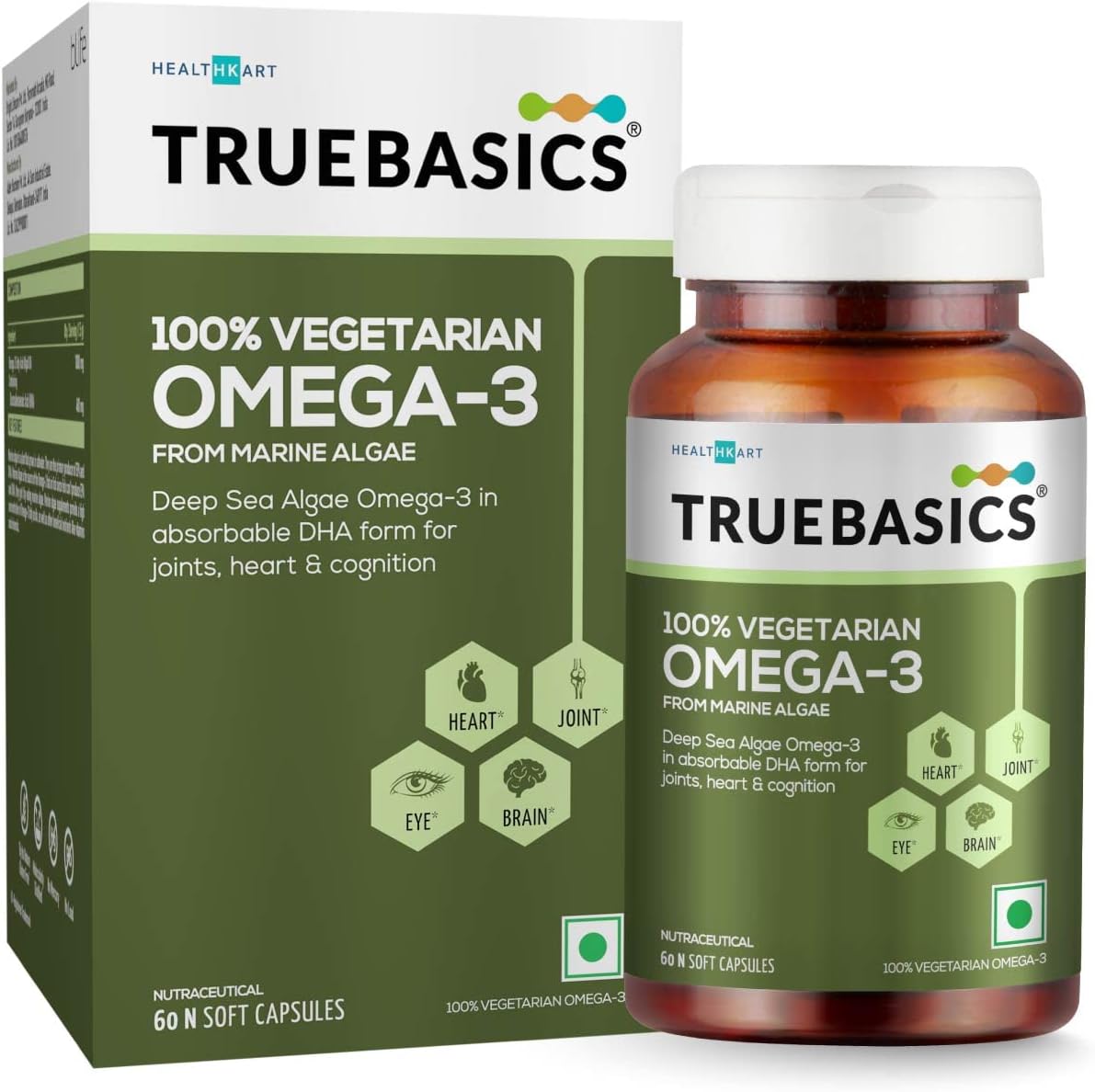 TrueBasics 100% Vegetarian Omega 3 with Deep Sea Algae Oil - 1000 mg Omega 3 Including 400 mg DHA | For Joints & Heart Health, Cognition & Vision, 60 Omega 3 Capsules