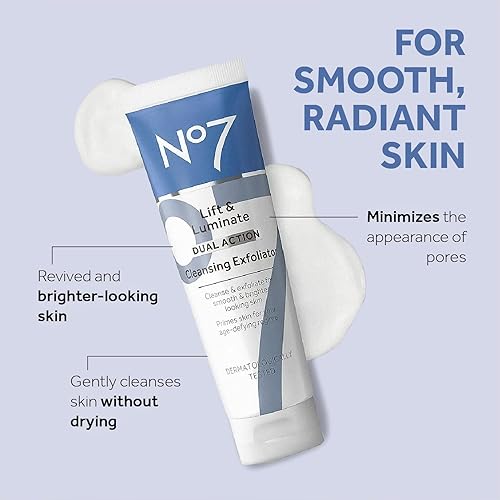 Vista 2 de No7 Lift & Luminate - Limpiador facial exfoliante y limpiador facial de doble acción, exfoliante facial suave con vitamina C, E y B5, limpiador