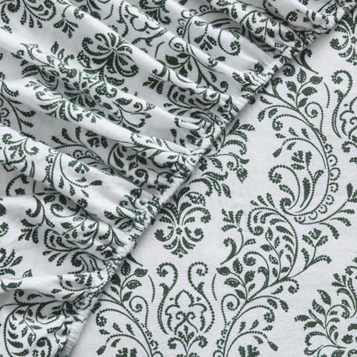 Image of Tahari Home Queen Size 4-Piece Bedding Set - 2 Sheets & 2 Matching Pillowcases | Fitted & Flat Sheets | Cozy & Warm Brushed Flannel | Soft & Breathable | Durable & Wrinkle Resistant | Damask Green