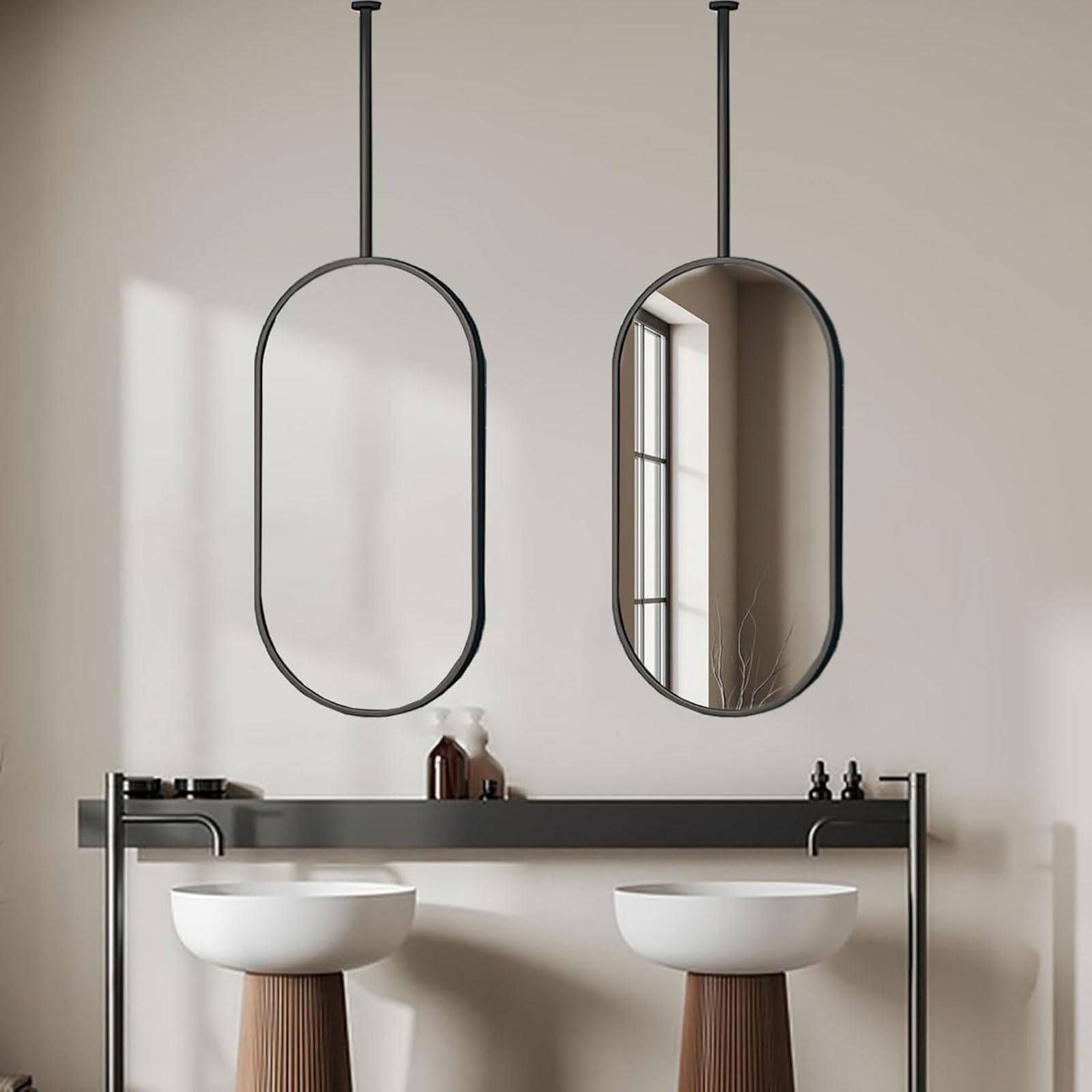 Miroir de salle de bain ovale noir 60x60cm, miroir mural suspendu pour hall et salon