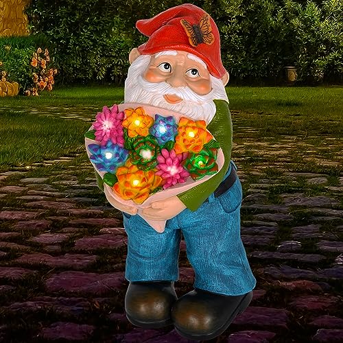 Mood Lab Garden Gnome Flower Gnome Figurine with 9 LED Solar Lights 91 Inch Tall Lawn Statue for Outdoor House Decor