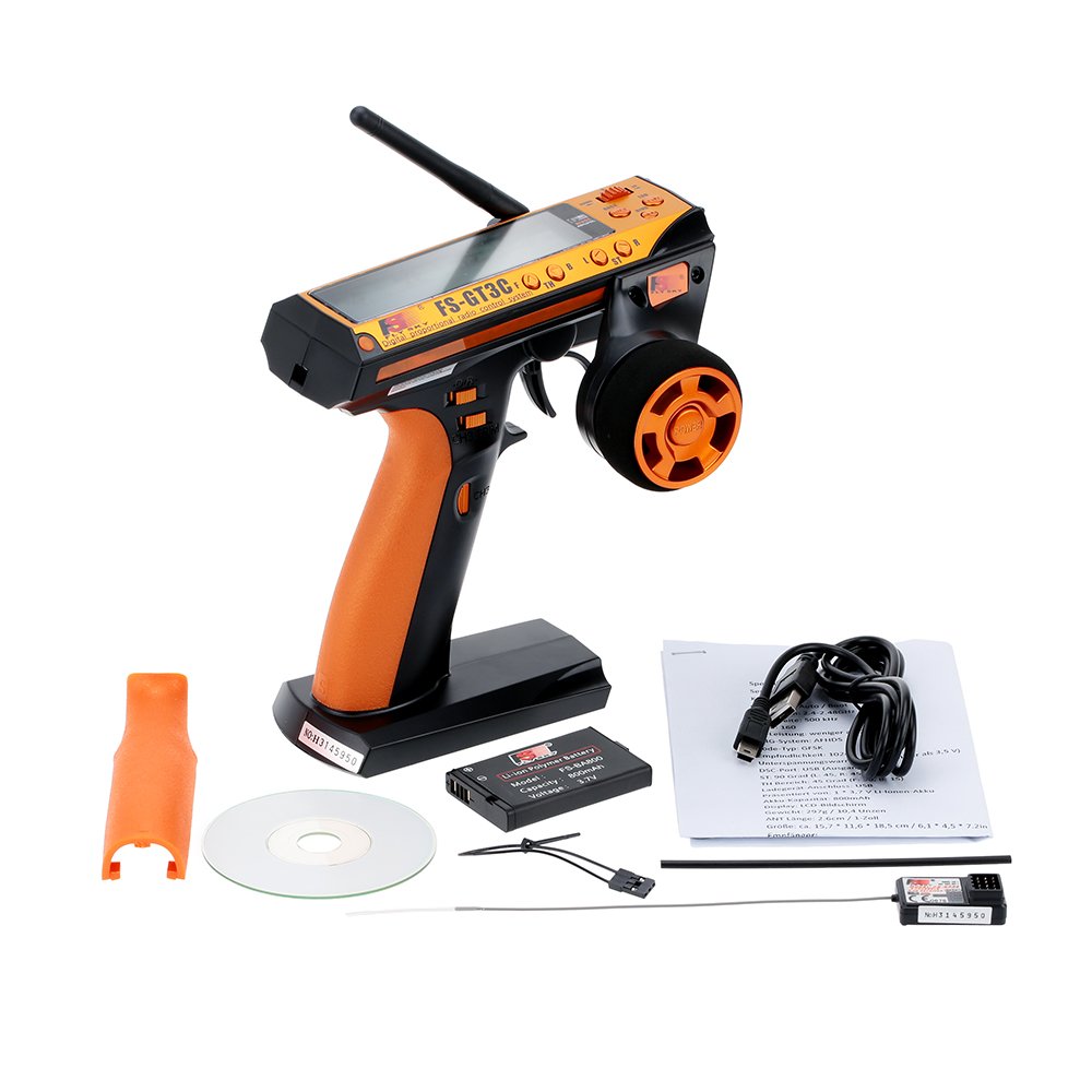Goolsky Flysky FS-GT3C Transmisor 2.4Ghz 3CH AFHDS Salto de Frecuencia Automático Sistema Digital & FS-GR3E Receptor 3CH 2.4Ghz para RC Barco Coche