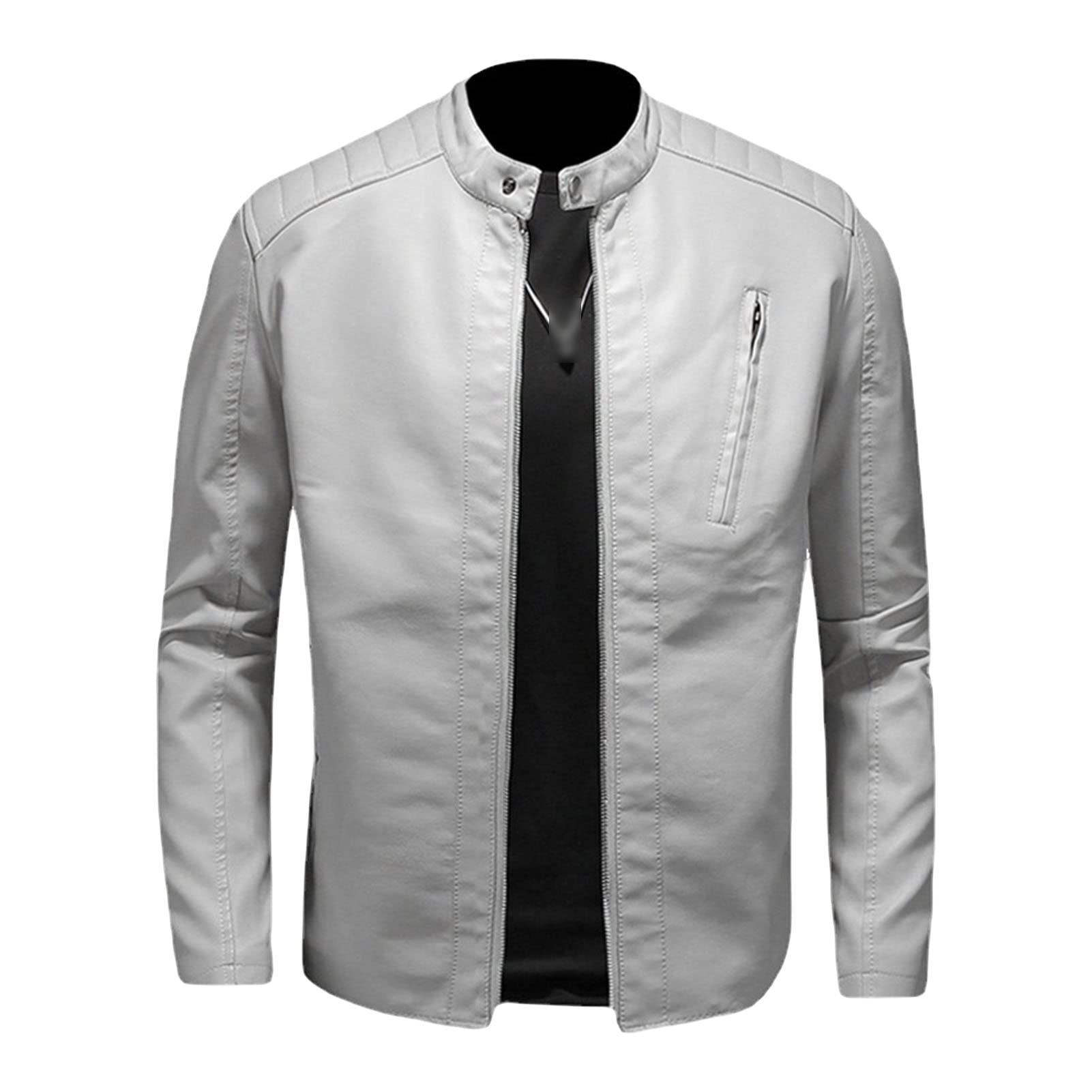 Maiyifu-GJ Men's Vintage Faux Leather Jacket PU Zip Up Stand Collar Bomber Coat Retro Warm Slim Fit Jackets Windbreaker (White,Medium)