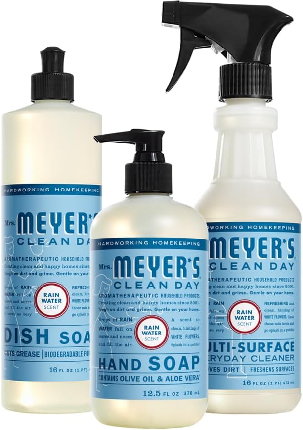 MRS. MEYER’S CLEAN DAY Kitchen Set, Dish Soap, Hand Soap, Multi-Surface Cleaner, 3 CT (Rain Water)