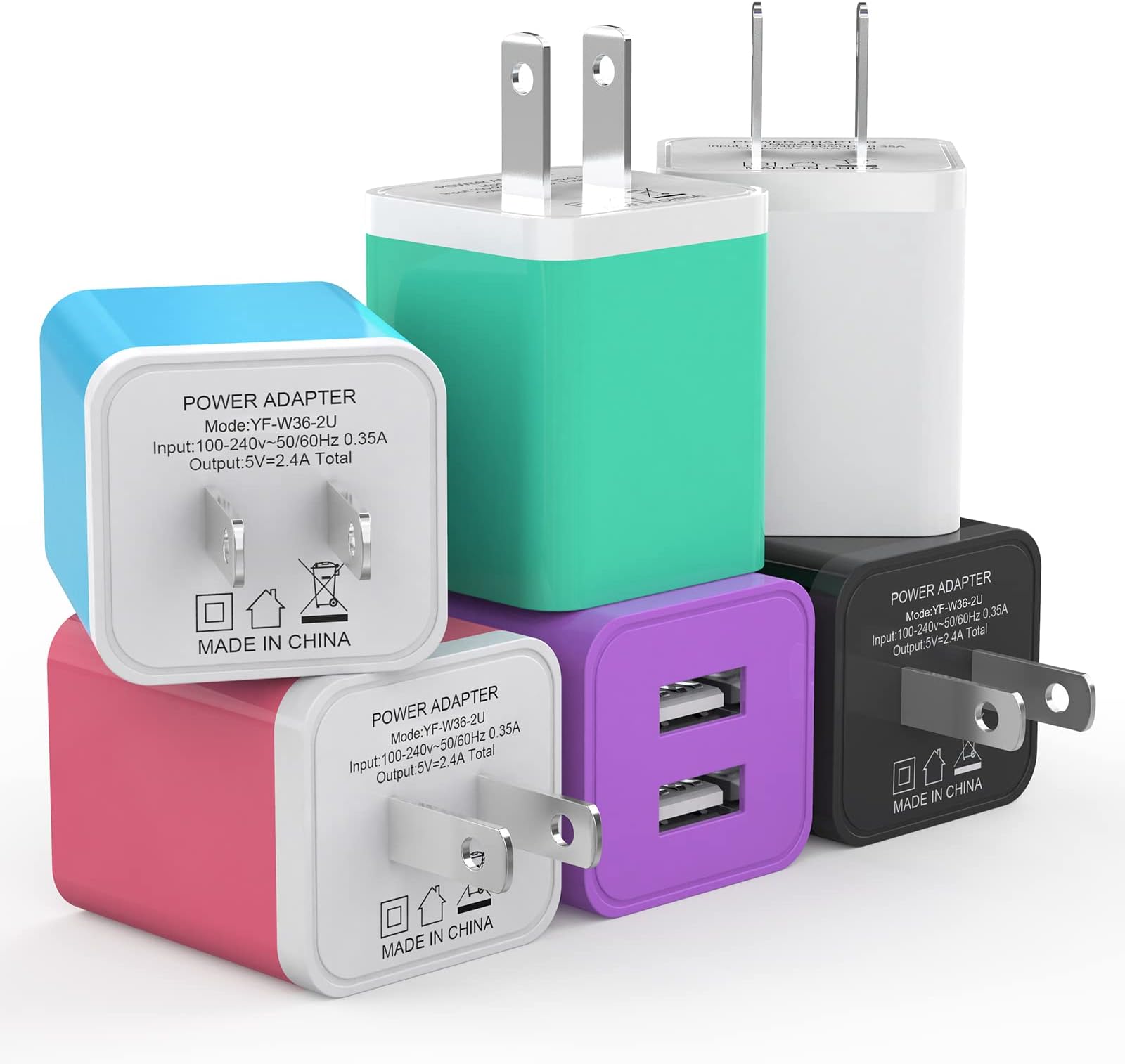 6Pack USB Wall Charger, iGENJUN 2.4A Dual USB Port Cube Power Plug Adapter Fast Phone Charger Block Charging Box Brick for iPhone 17/17 Pro/17 Pro Max/16, Samsung Galaxy, Pixel, LG, Android-Colorful