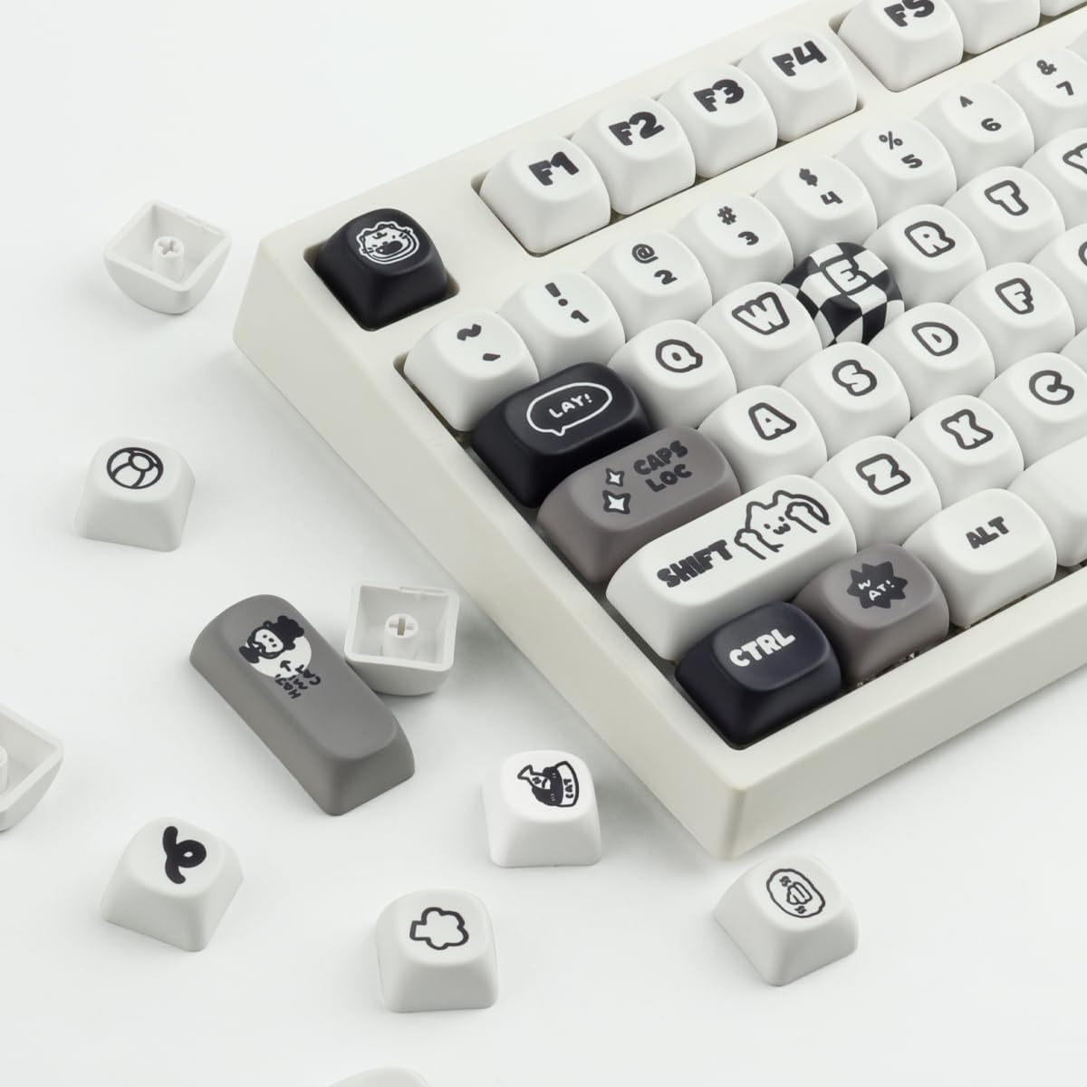 Sunzit PBT MOA Keycaps, Cute White Keycaps, 131 Keys, Dye-Sublimation Custom Keyboard Keycap Set for 61/64/68/84/87/100/104/108 Cherry MX Mechanical Keyboard, Cat and Dog