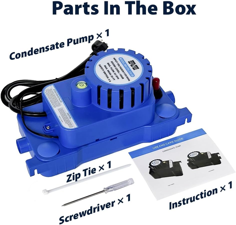 1/10 HP 93 GPH 20ft Max Head HVAC Condensate Pump, 115V w/Automatic Safety Switch, Removal Drain Pump for Air Conditioner, Dehumidifier, Ice Maker, Furnace, AC unit, Low Profile