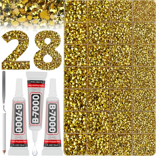 36000Pcs Metallic Gold Rhinestones for Bedazzling Different Sizes 2-6MM Flatback Gems Bedazzle Kit b7000 Glue Flat Back Resin Diamond Crystal Rhine Stone Gemstone Jewel for Crafting Clothes