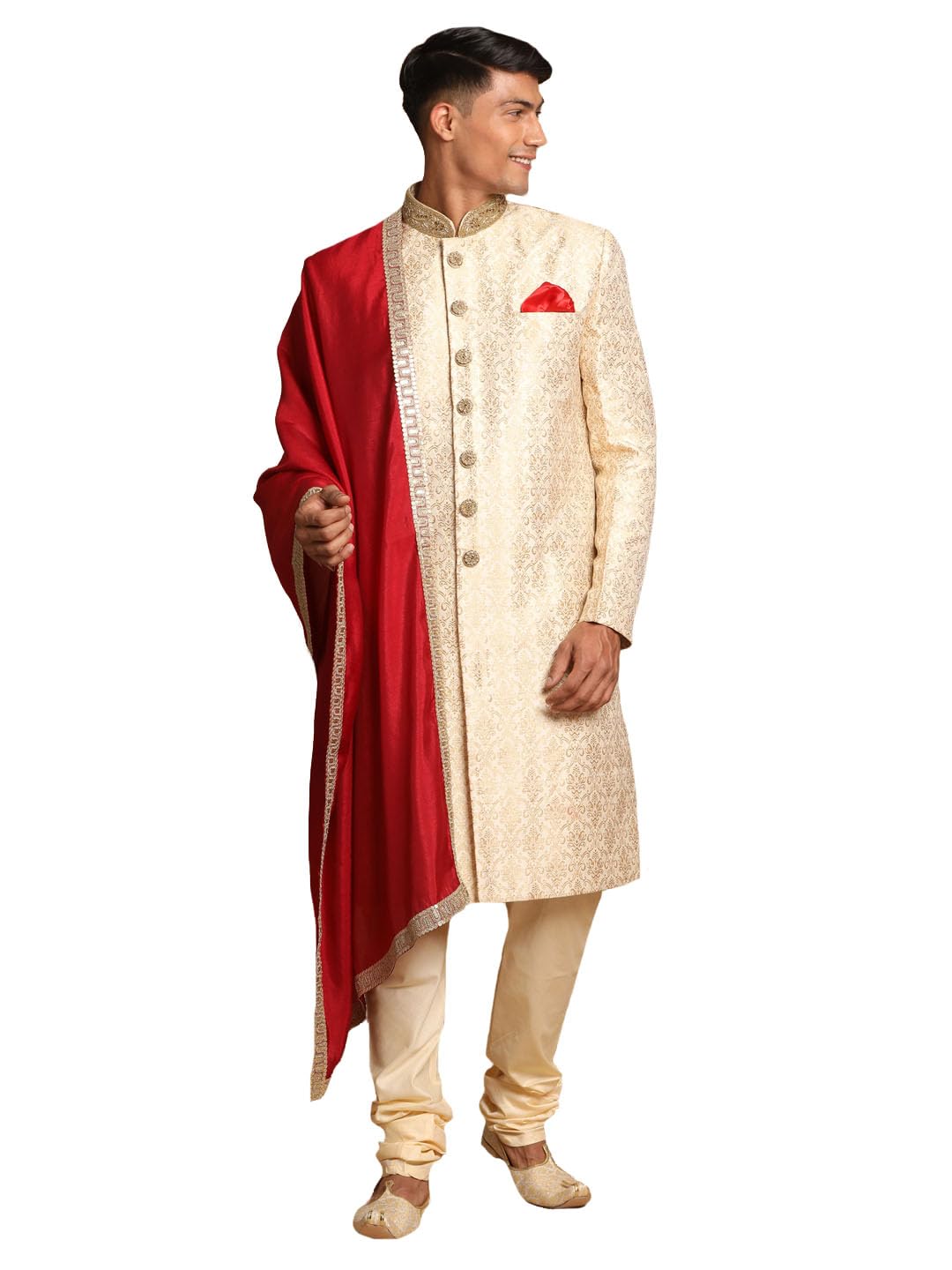 vastramay Men's Beige And Gold Silk Blend Sherwani Set-picture-31