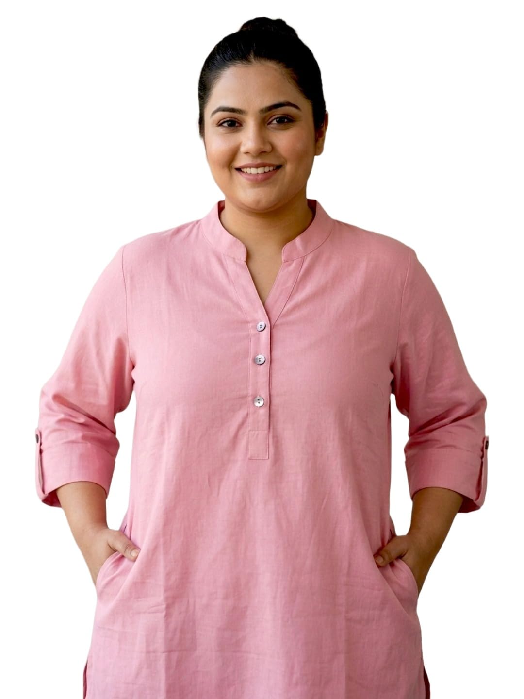 Plus Size Women’s Roll-Up Sleeve Tunic Top V-Neck Button Front Side Pockets Rayon Short Kurti Casual Ethnic Wear Indian Traditional Dress for Office Party-image-7