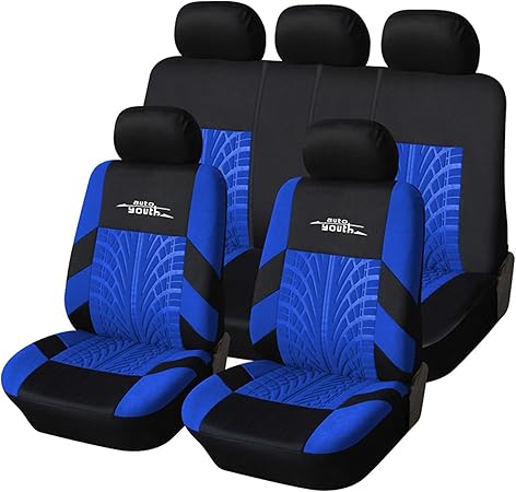 Amazon カーシートカバー おしゃれシートカバー ブランド刺繍カーシートカバーセットユニバーサルフィットのほとんどの車 がタイヤトラックのディテールスタイリングカーシートプロテクターと一緒にカバー Color Name Blue Full Set シートカバー 車 バイク
