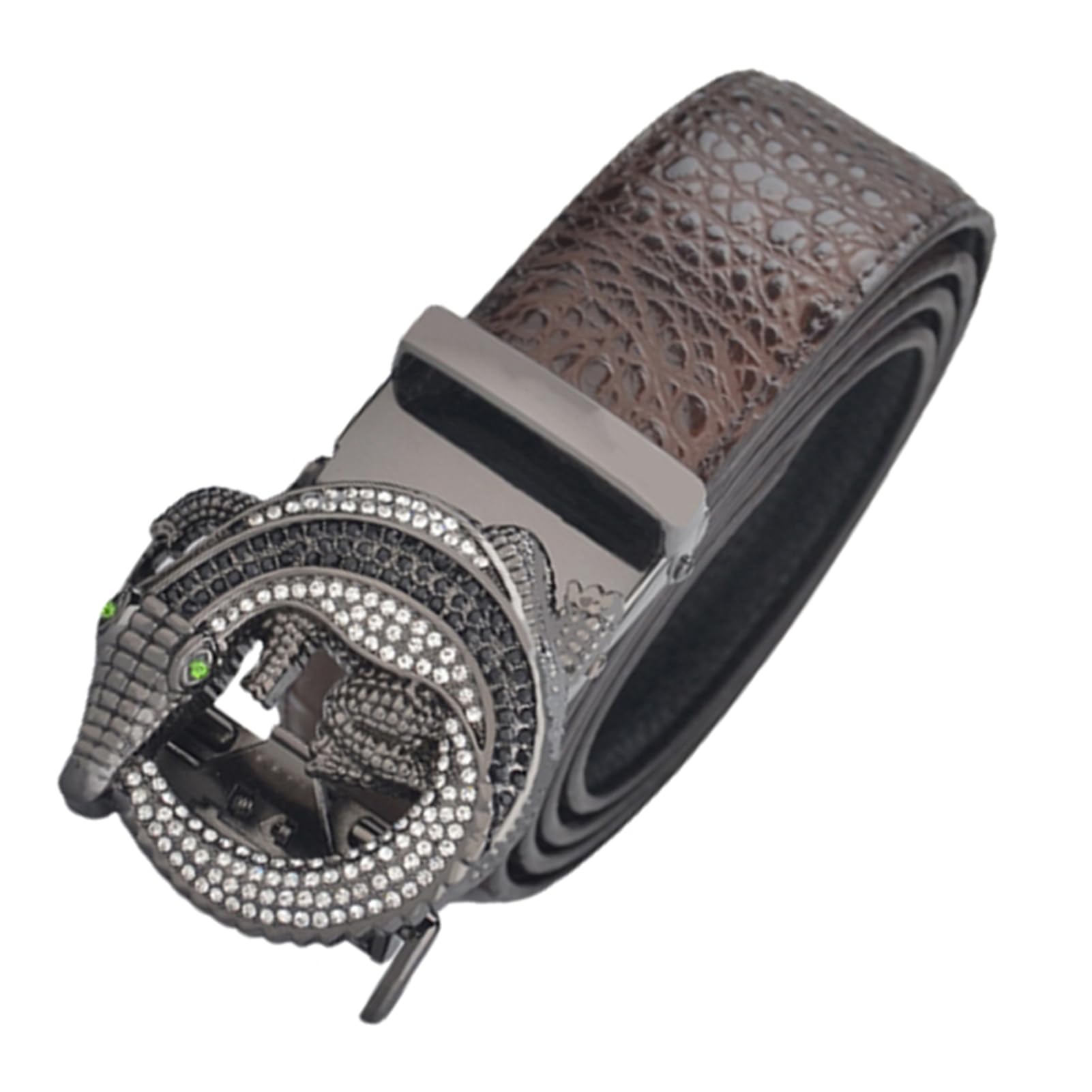 Cinturón De Trinquete Deslizante Con Patrón Cocodrilo, Ocio Neutro Hebilla Automática Tallada Diamantes Imitación Animales Plateados (cintura 115 Cm/39 Pulgadas, Marrón)