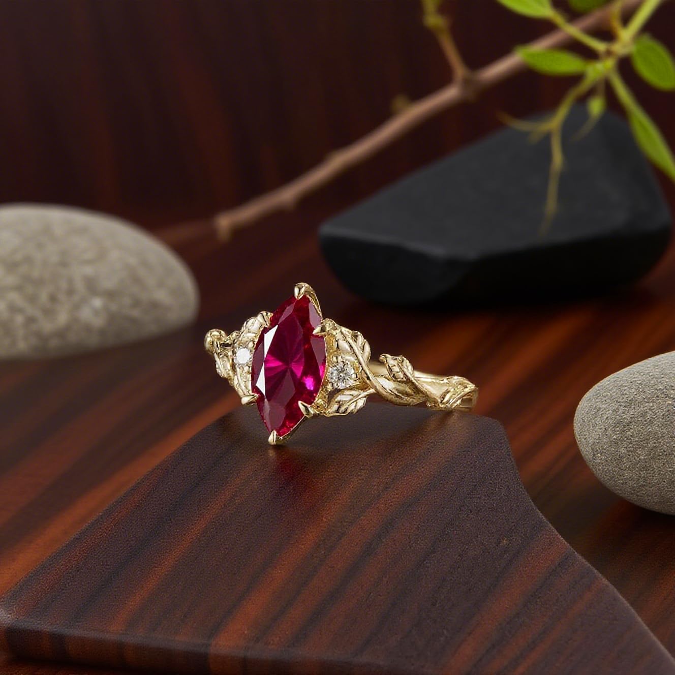 Gold Marquise Birthstone Ring Set for Women Natural Inspired Leaf Gemstone Ring Diamond Wedding Ring Heart Birthstone Ring Jewelry Gift for Her