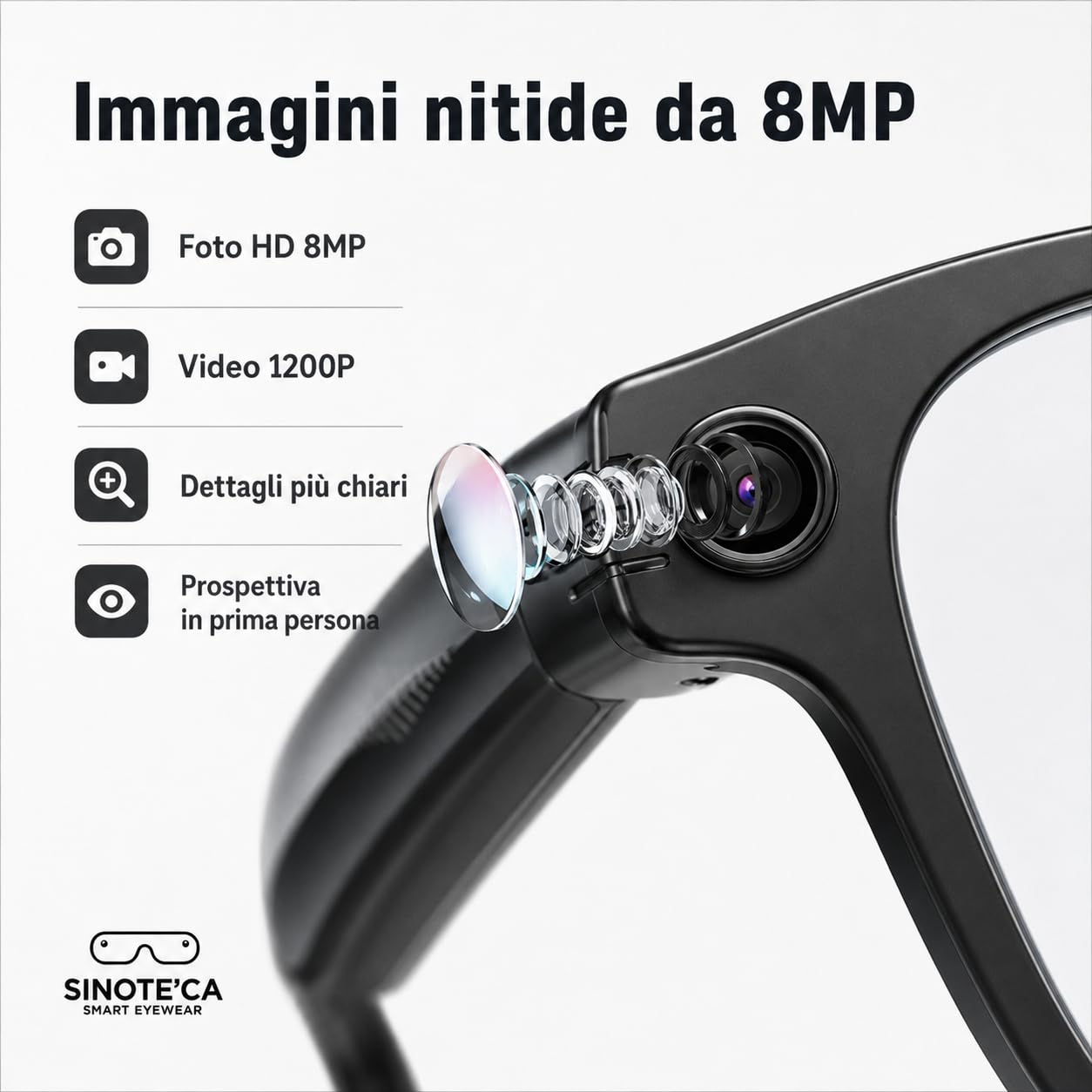 SINOTE'CA AI Smart Glasses, Occhiali Intelligenti Bluetooth con Telecamera 8MP, Lenti Fotocromatiche, Audio Open-Ear e Traduzione in Tempo Reale, per Sport e Vita Quotidiana