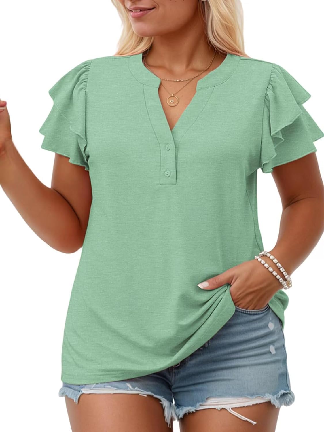 VISLILY Plus-Size-Summer-Tops for Women Cute Ruffle Short Sleeve T Shirts Notched V-Neck Tunics Button Down Blouses XL-5XL