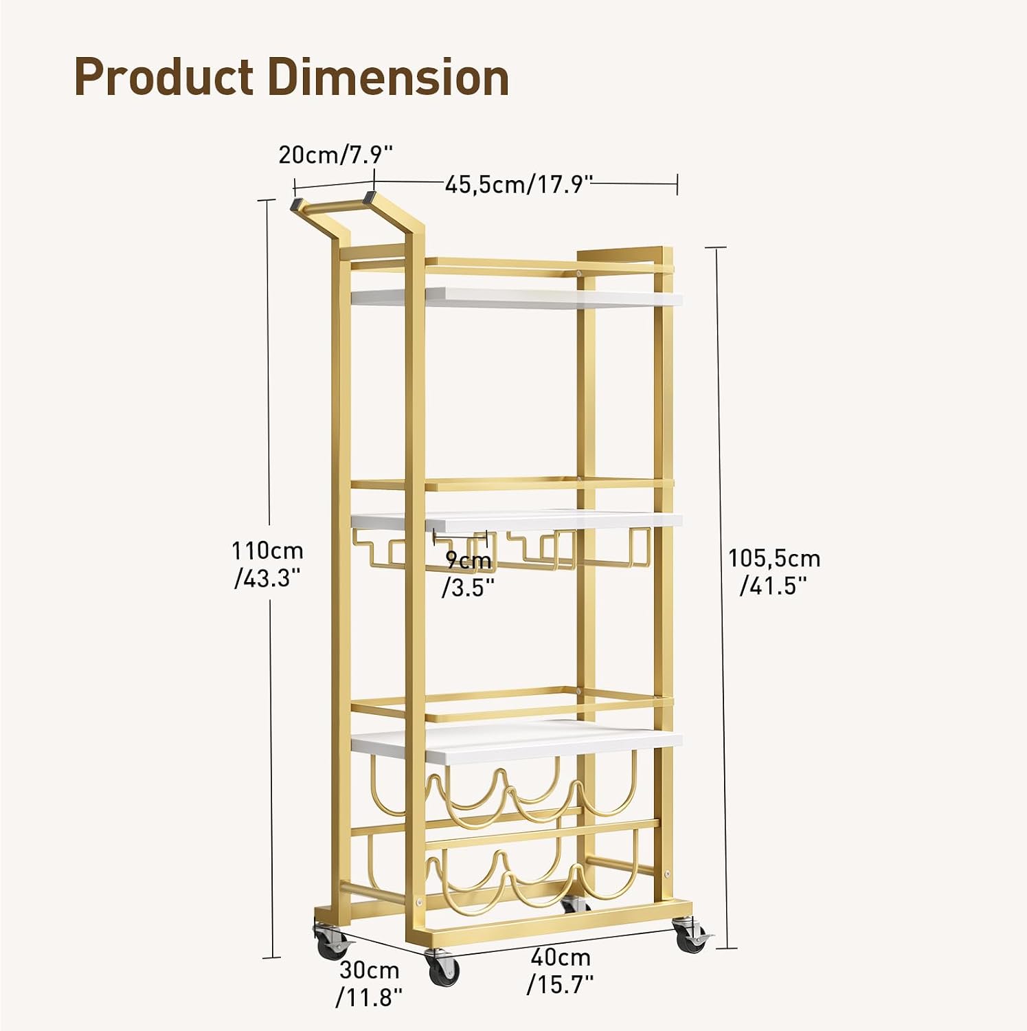 RALGEND 4-Tier Gold Bar Cart, Home Bar Serving Cart with Glass Holders
