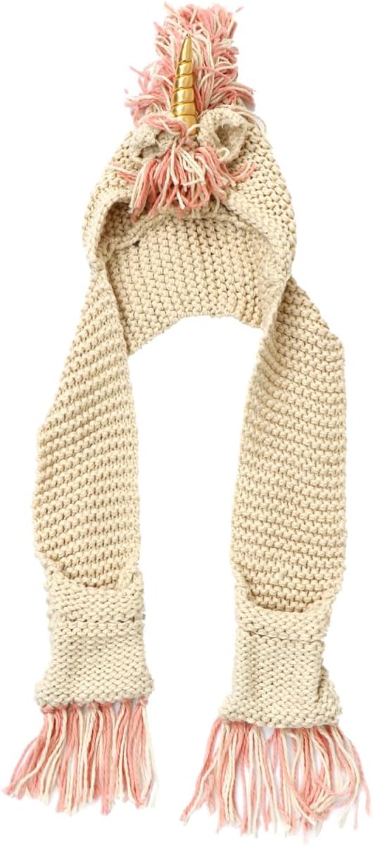 Unicorn Hooded Hat Scarf Knitted Winter Cap for Kids Warm Neck Warmer Creative Crochet Design for Cold Weather Golden