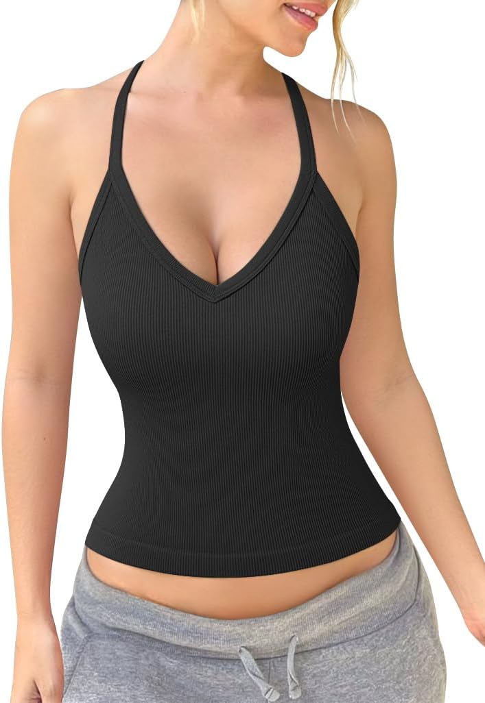 OQQ Women Sleeveless Tops Fitting V Neck Stretch Clothes Basic Cami Shirts 2025 Trendy Black X-Large