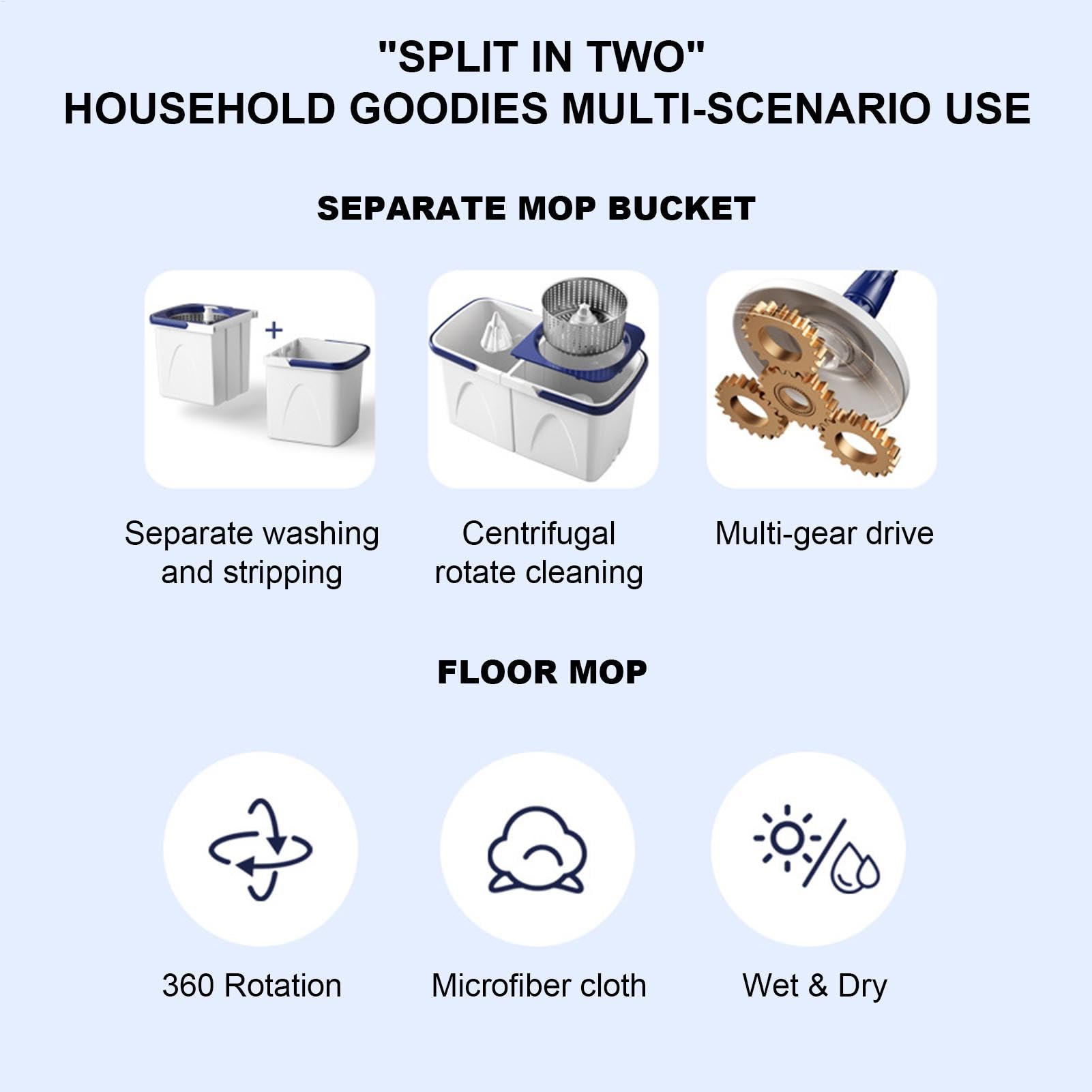 Set de Fregona y Cubo de Limpieza Ahorra Esfuerzo, Seco y Húmedo, Limpiador | con Mango Ajustable para Suelos, Hogar, Cocina, Baño, Azulejos, Madera Dura, Laminado, Mármol, Piedra